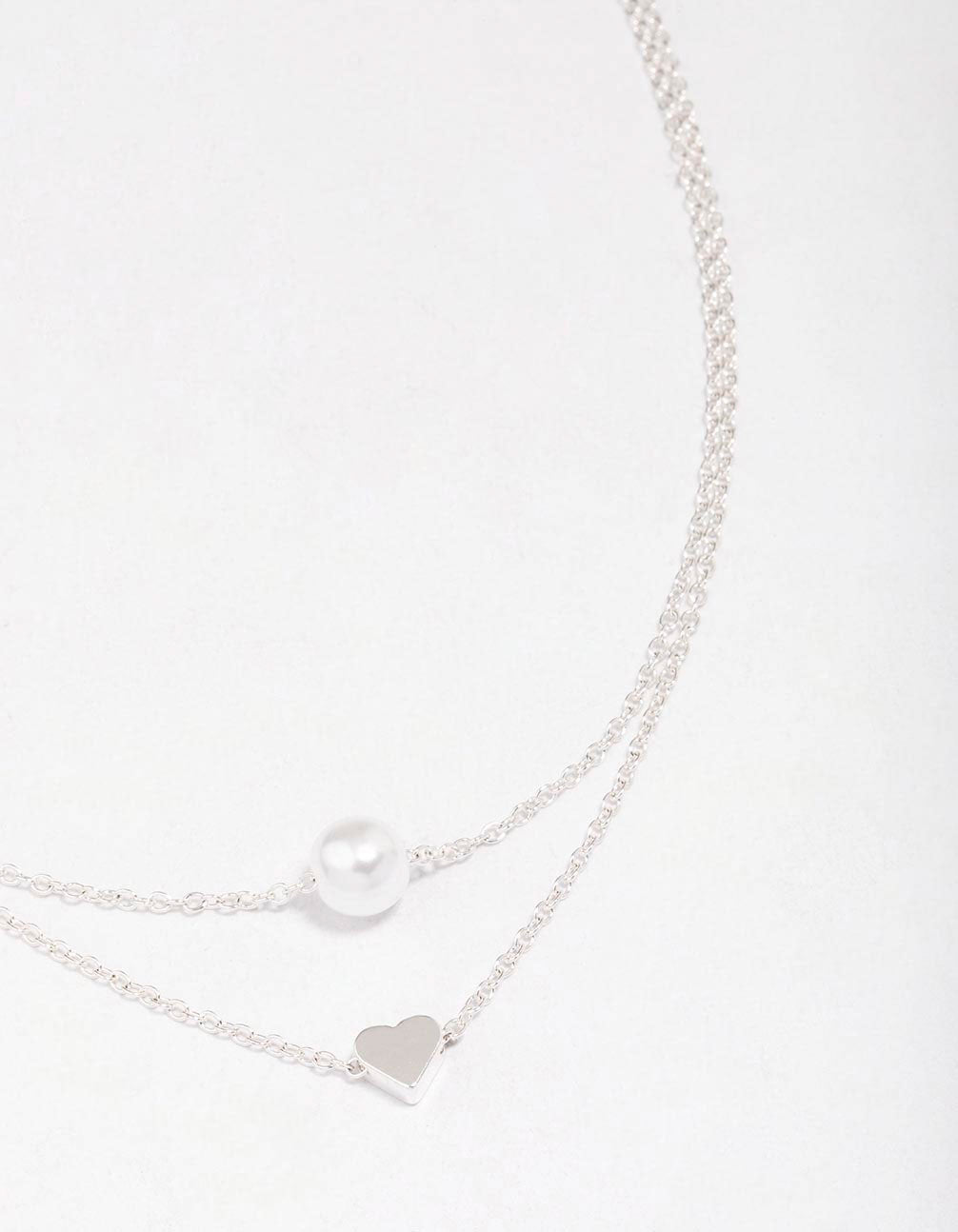 Image of Silver Double Chain Pearl Heart Necklace