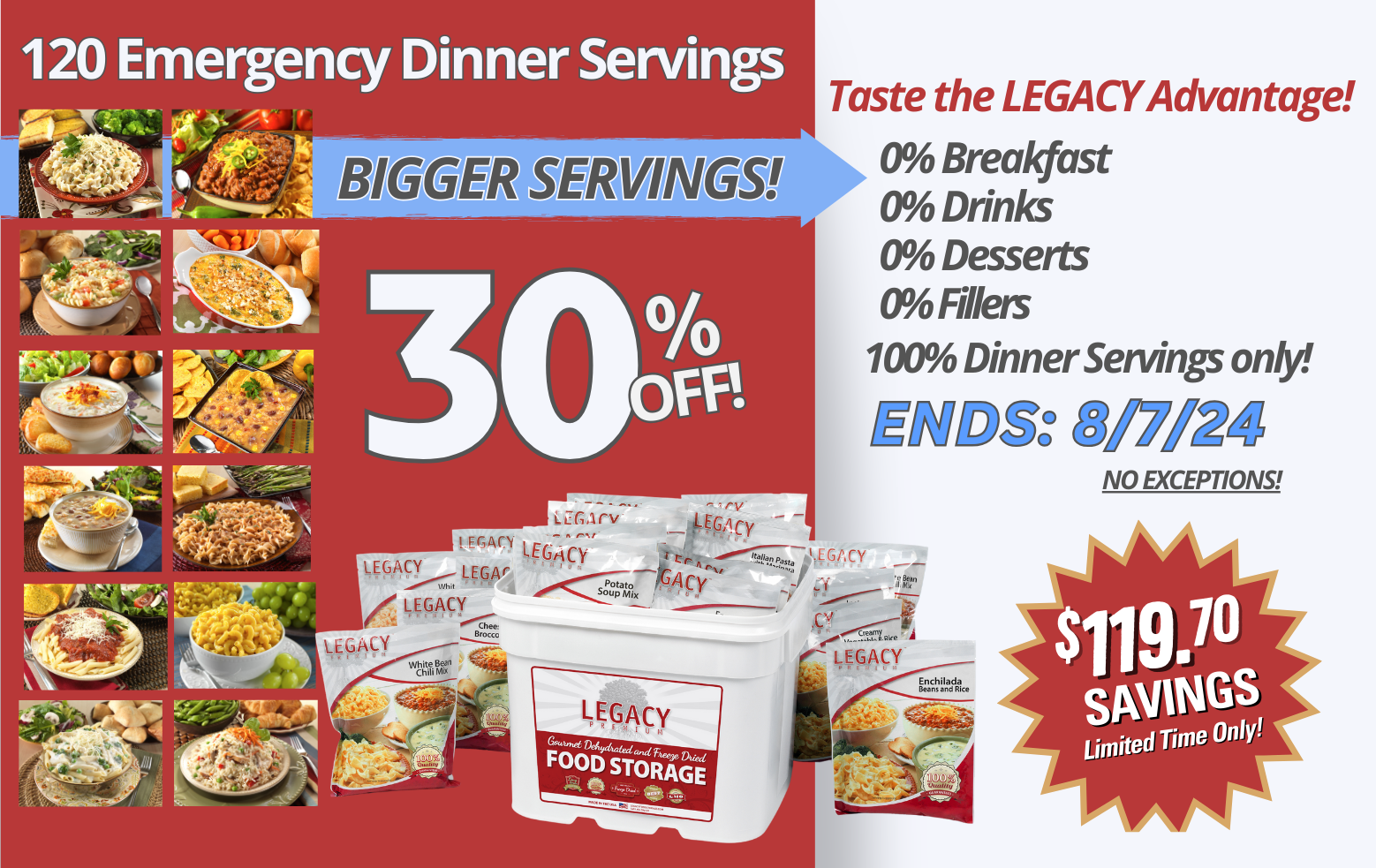 120 Emergency Dinner Servings 30% off Ends 8/7/24