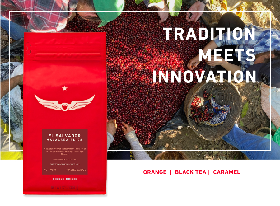 Red coffee bag in front of a photo of farmers hand picking coffee cherries from a basket