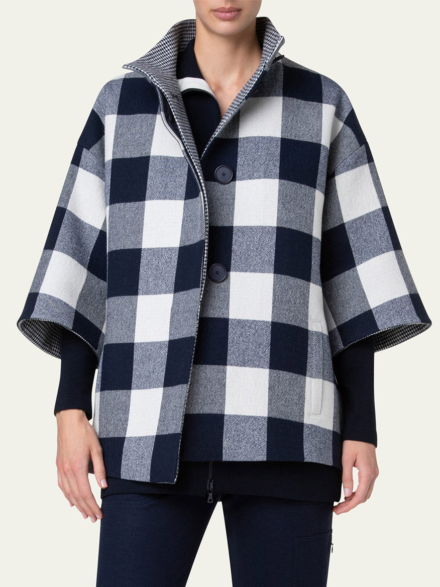 Image of Akris Punto XL Gingham Felted Wool Blend Car Coat in Cream/Navy