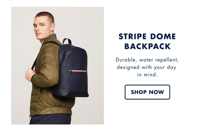 Stripe dome backpack                                            Durable, water repellent, designed witn your day in mind.                                            Shop now                                         