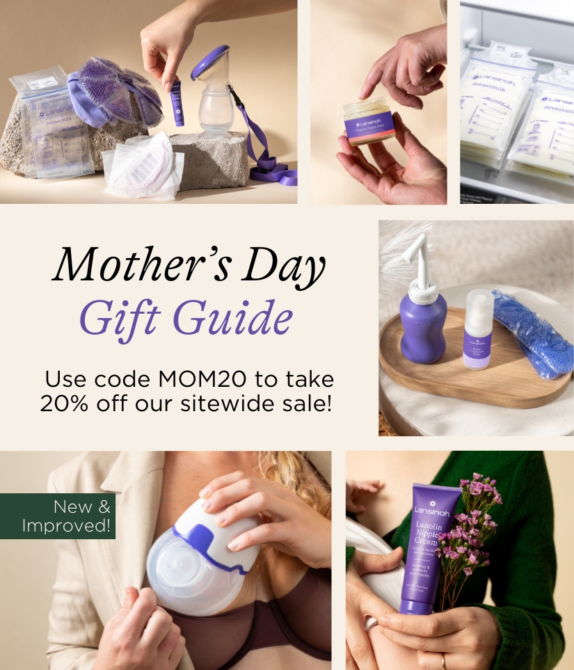 Mother's day gift guide including images for Milk Storage Bags, Breast Therapy Packs, Organic Nipple Balm, Milk Storage Bags, Wash bottle, Herbal Spray, Hot & Cold Pads, Compact Wearable Pump, Lanolin Nipple Cream