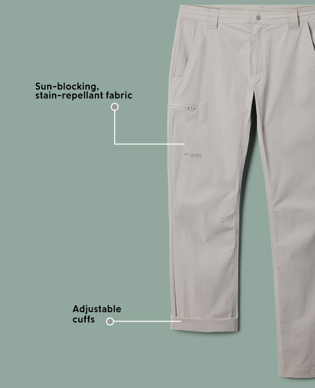 Close-up of Wanoga pants for men. Sun-blocking, stain-repellant fabric. Adjustable cuffs and waist. 