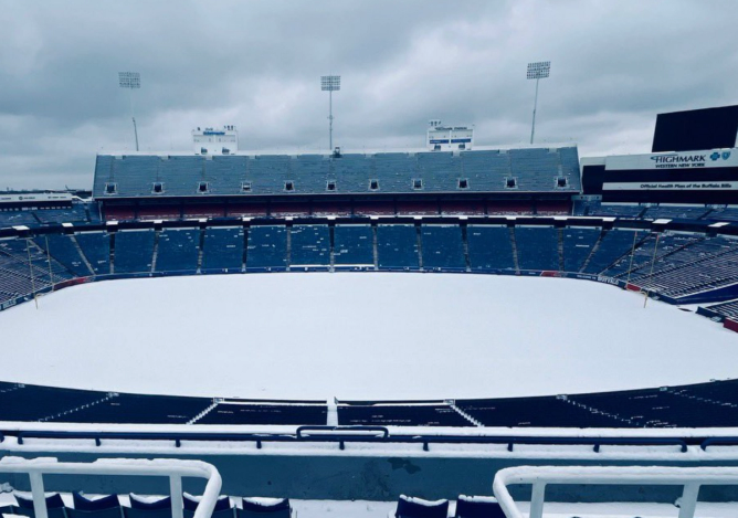 Snowy Highmark Stadium in Buffalo