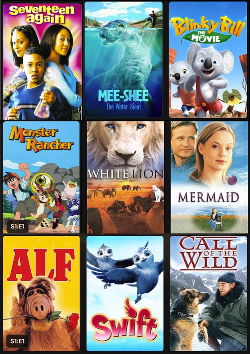 Available titles include: 'Blinky Bill the Movie', 'Monster Rancher', 'Alf'