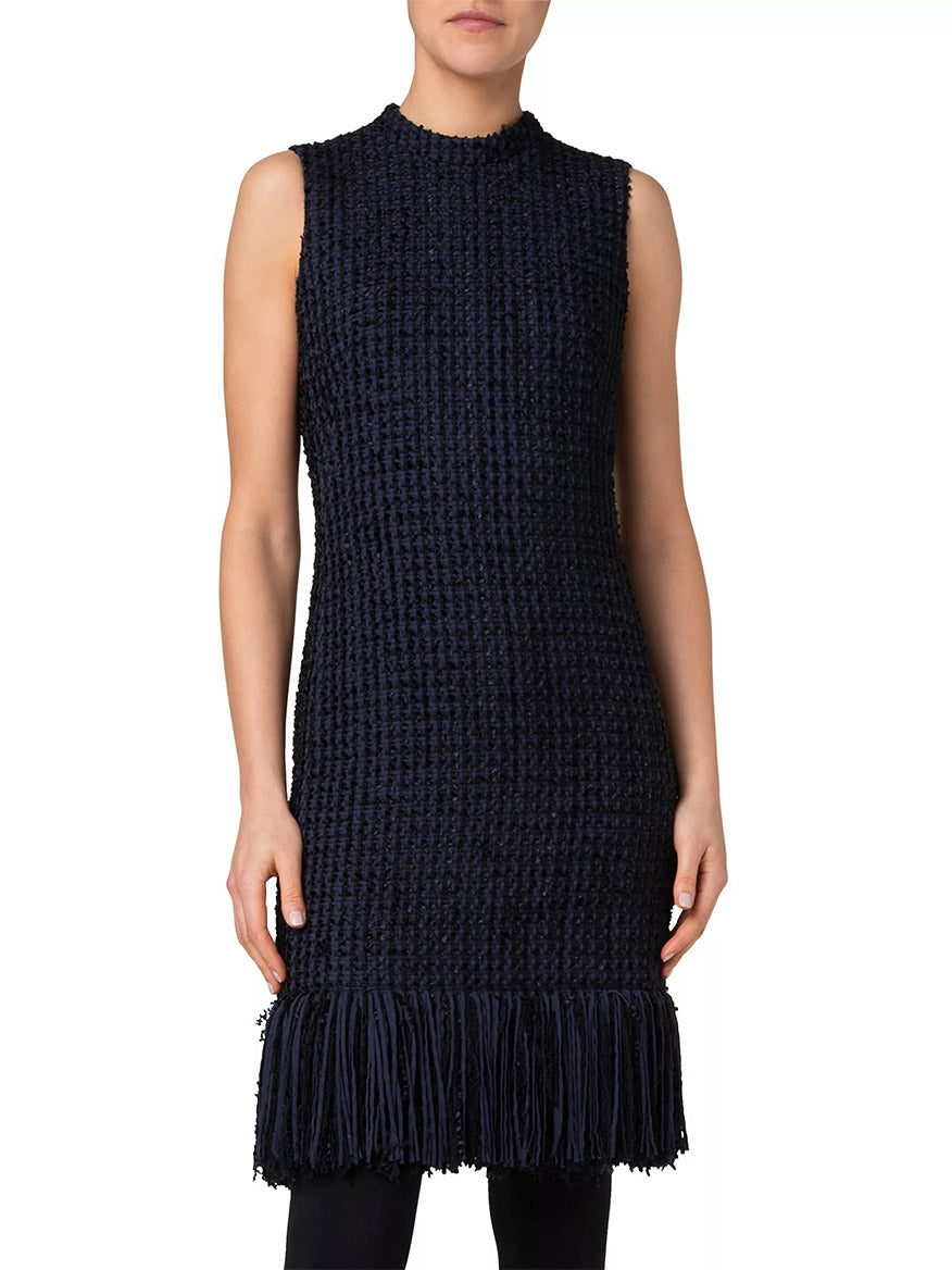 Image of Akris Punto Chunky Tweed Sheath Dress With Fringe in Navy