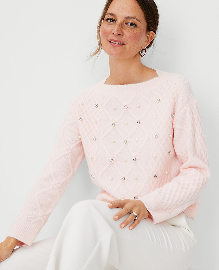 Petite Embellished Relaxed Cable Sweater