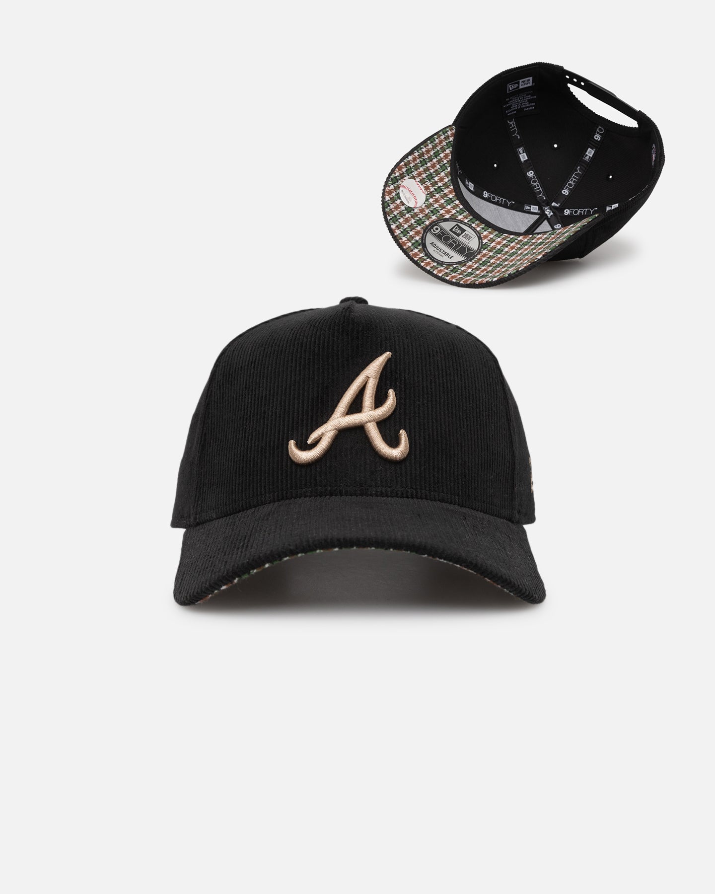 Image of New Era Atlanta Braves 'Black Cord Plaid UV' 9FORTY A-Frame Snapback Black/Plaid