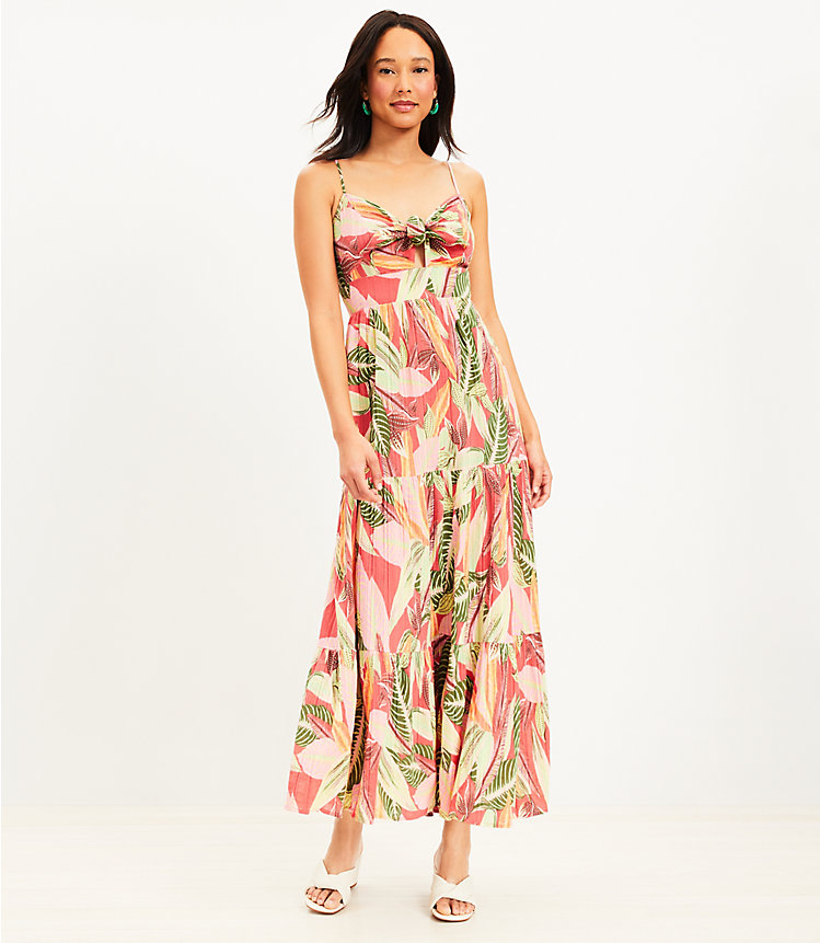 LOFT Beach Palm Tiered Tie Front Strappy Maxi Dress