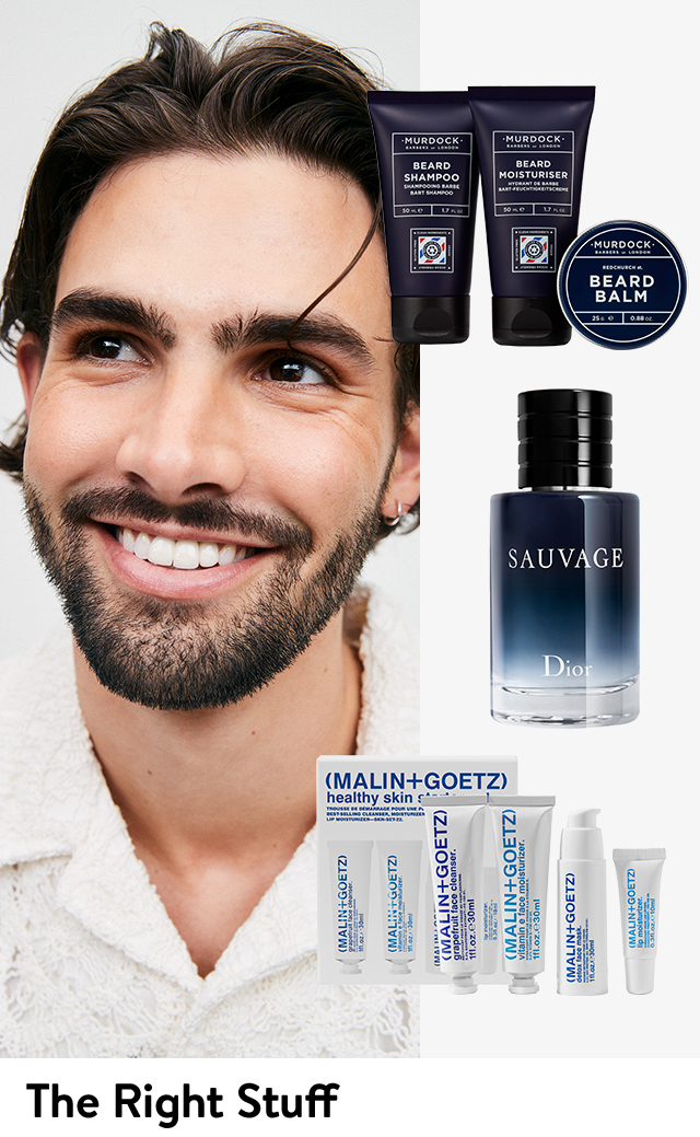 A well-groomed bearded man and a collage of grooming products and cologne.