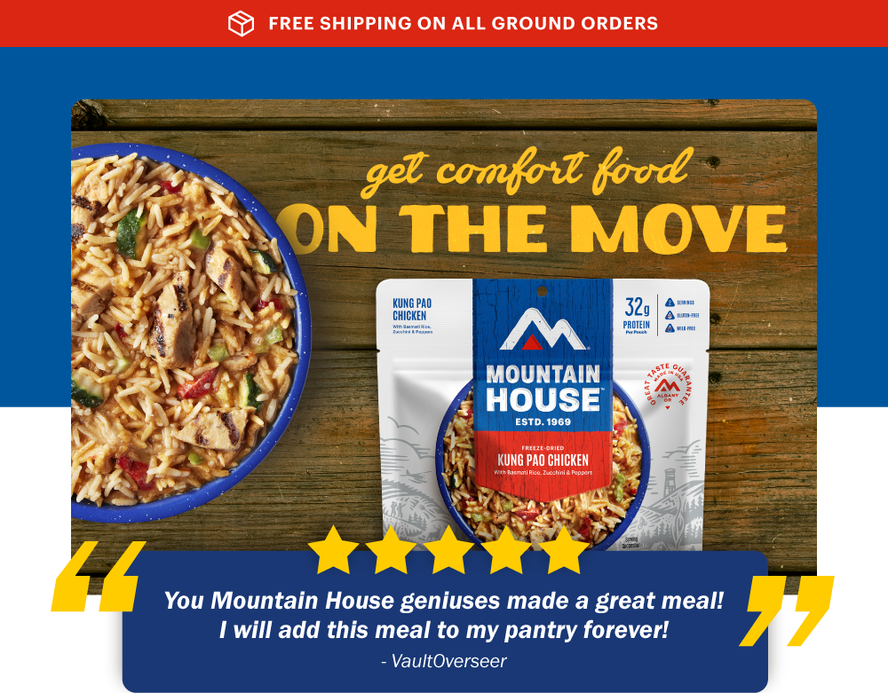 Image of Mountain House Kung Pao Chicken with text "Get Comfort Food on the Move"