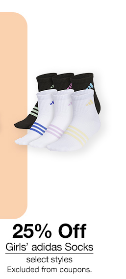 25% off Girls' adidas Socks, select styles. Excluded from coupons.