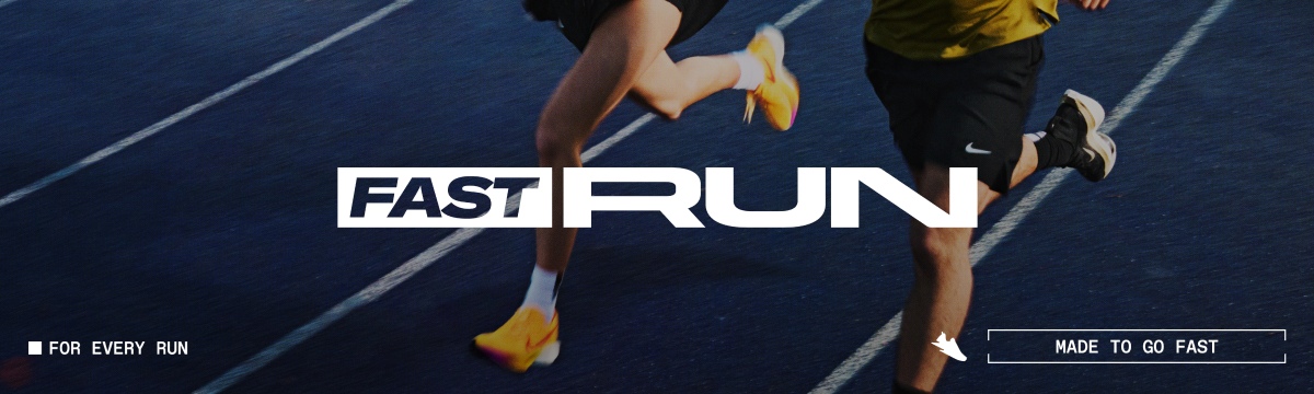 Image of two people running on a race track with text 'FASTRUN' Bottom left text 'For every run' Bottom right tent 'Made to go fast' with trainer logo