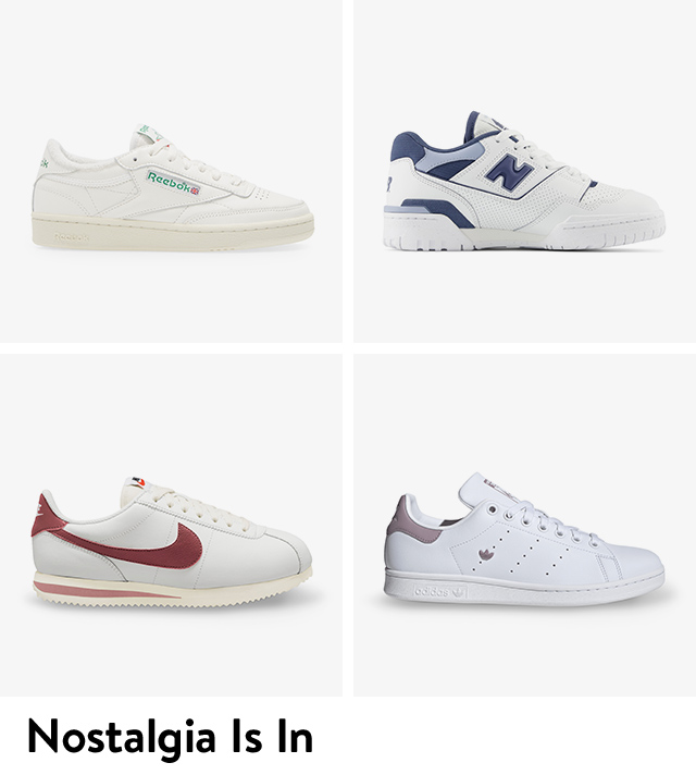 Four styles of retro-inspired sneakers from Reebok, New Balance, Nike and adidas.