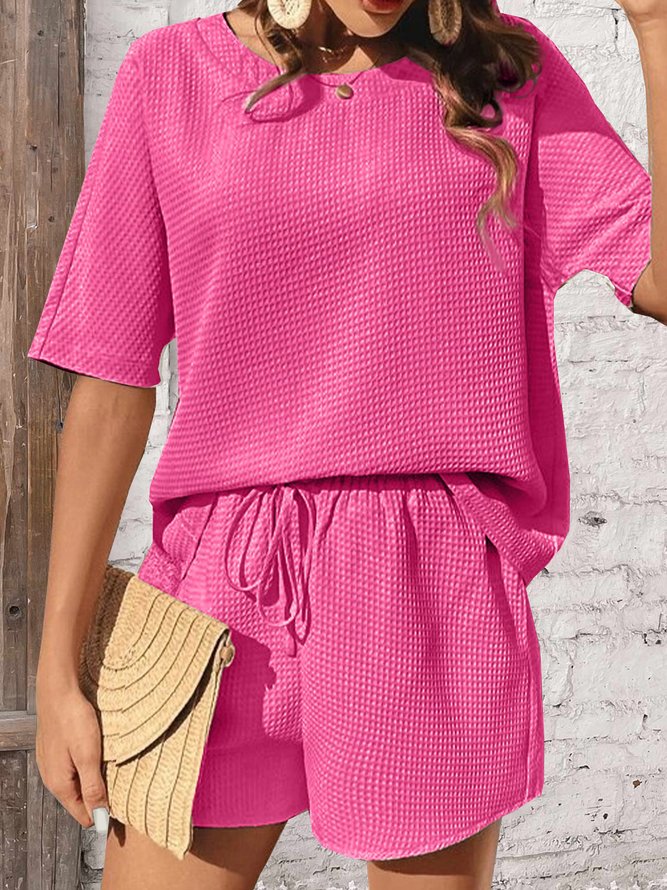 Women Plain Crew Neck Short Sleeve Comfy Casual Top With Pants Two-Piece Set