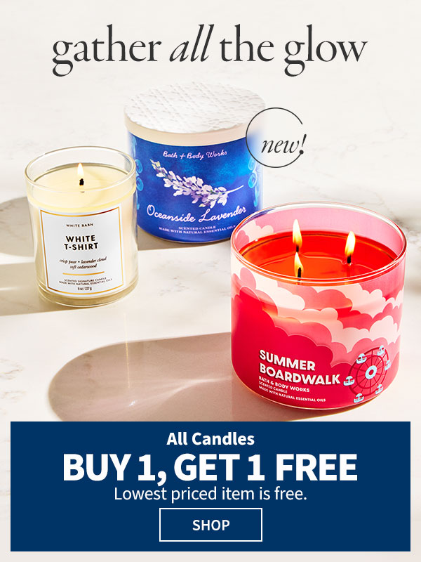 gather all the glow all candles buy 1, get 1 free lowest priced item is free shop