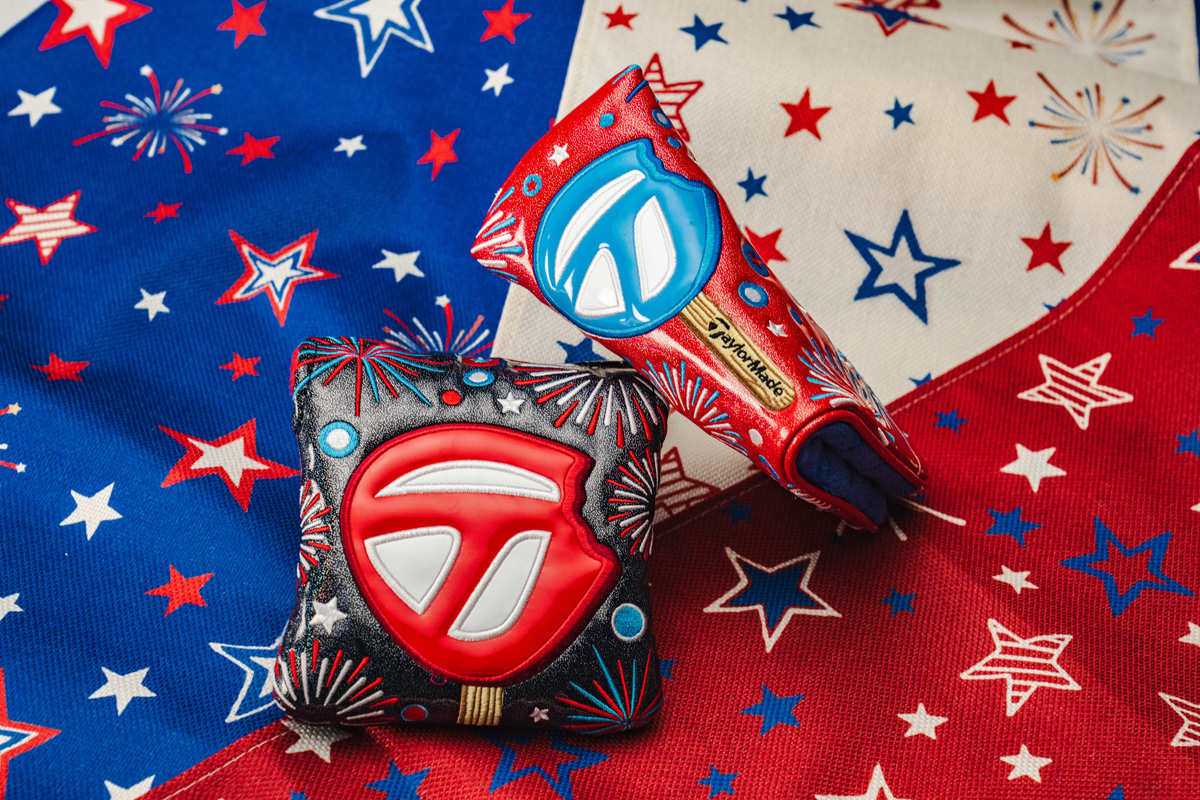 Red, white and blue star backdrop with the fireworks mallet and blade putter headcovers in the center