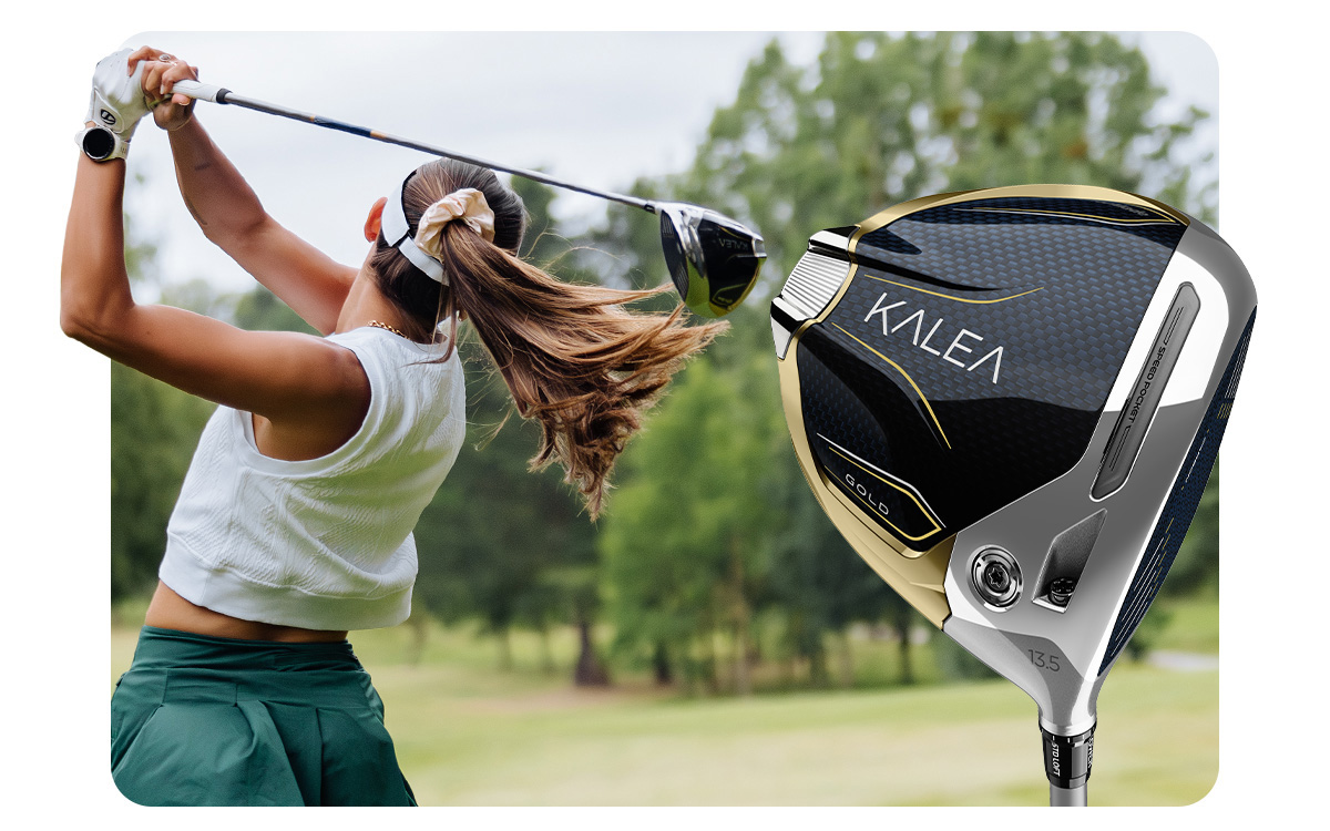 Female Golfer swinging the Kalea Gold Driver on course, with the driver in the foreground 