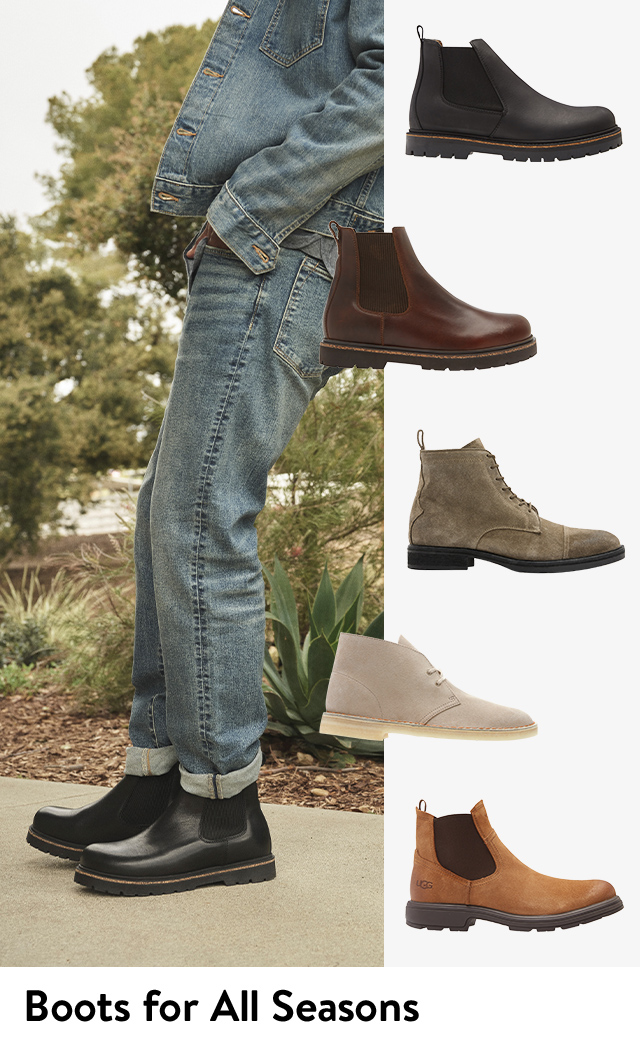 A man wearing boots on a summer day. Boots from Birkenstock and more brands.