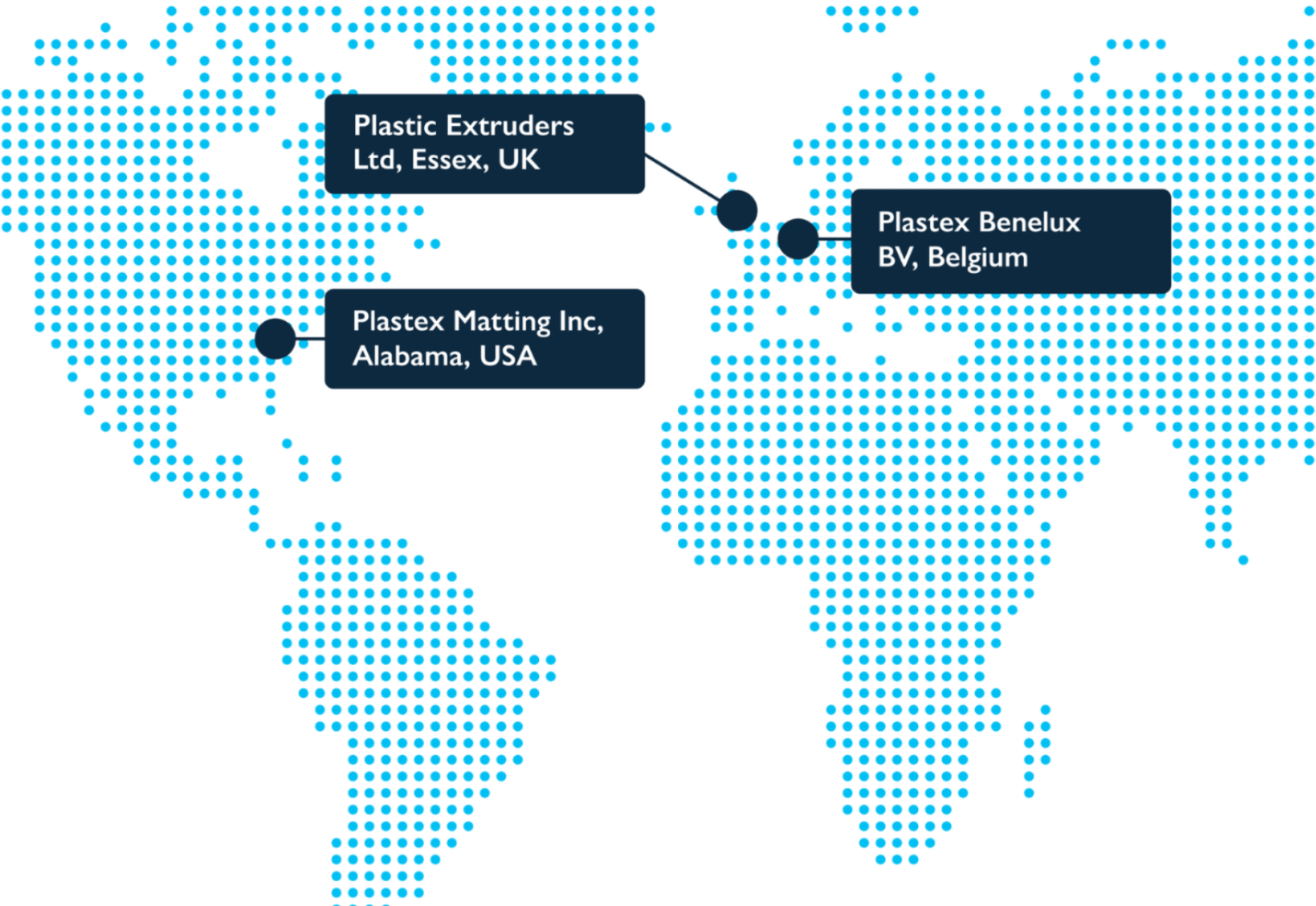 Map of Plastex locations in Essex, Belgium, and Alabama.