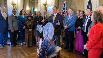 Kentucky Gov. Andy Beshear speaks at an event promoting the state's bourbon industry, Frankfort, Feb. 6, 2024.