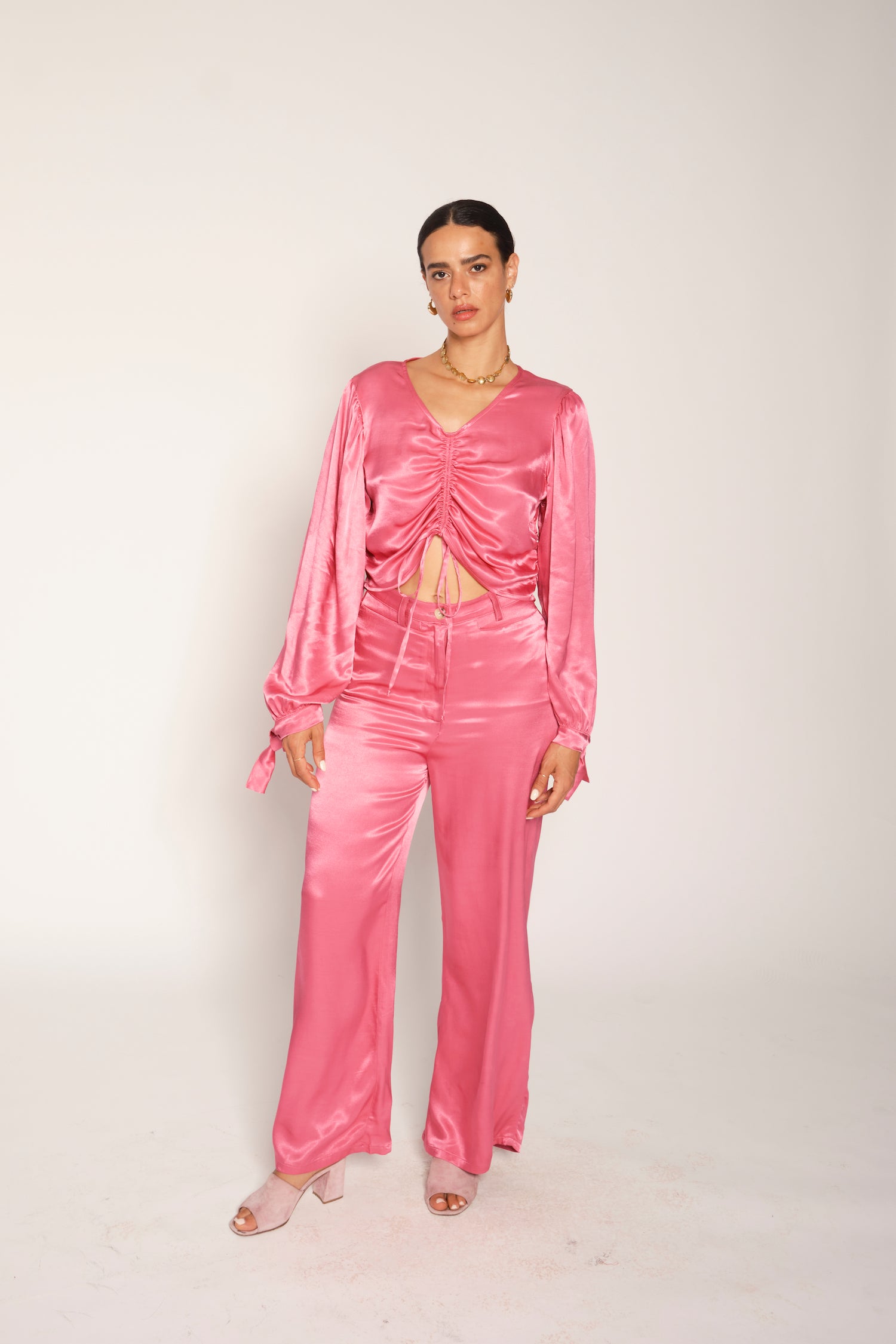 Image of migo pant in fuschia satin