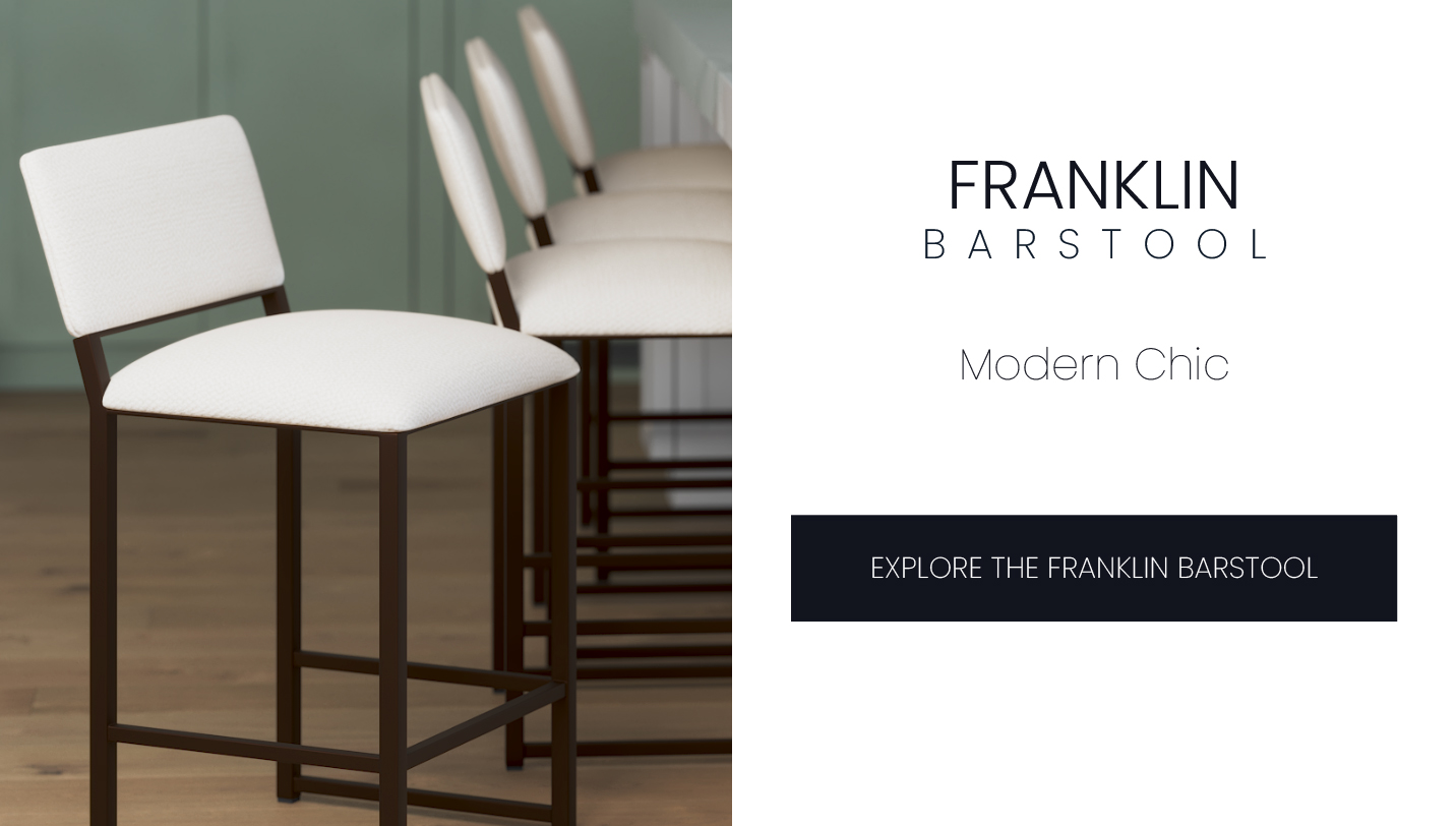 Franklin barstool. Modern Chic. Shown in Speckled Oat finish with French Ivory Performance fabric.