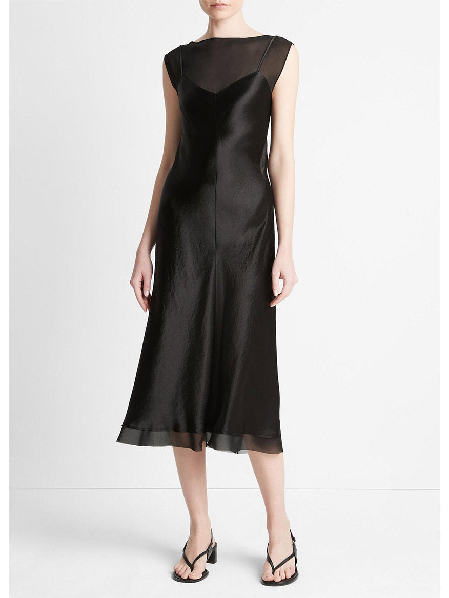 Image of Vince Chiffon-Layered Satin Slip Dress in Black