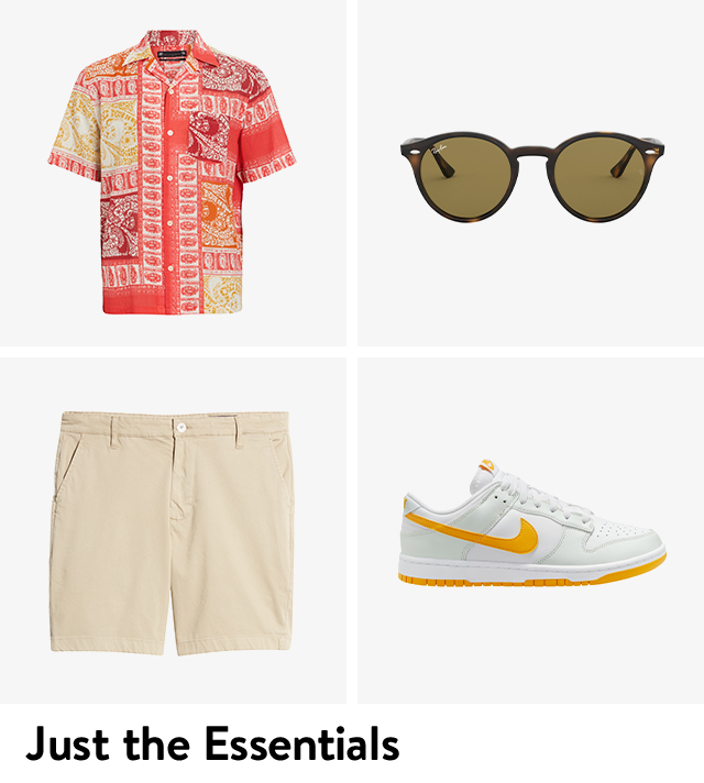 Patterned camp shirt, Ray-Ban sunglasses, khaki shorts, Nike sneakers.