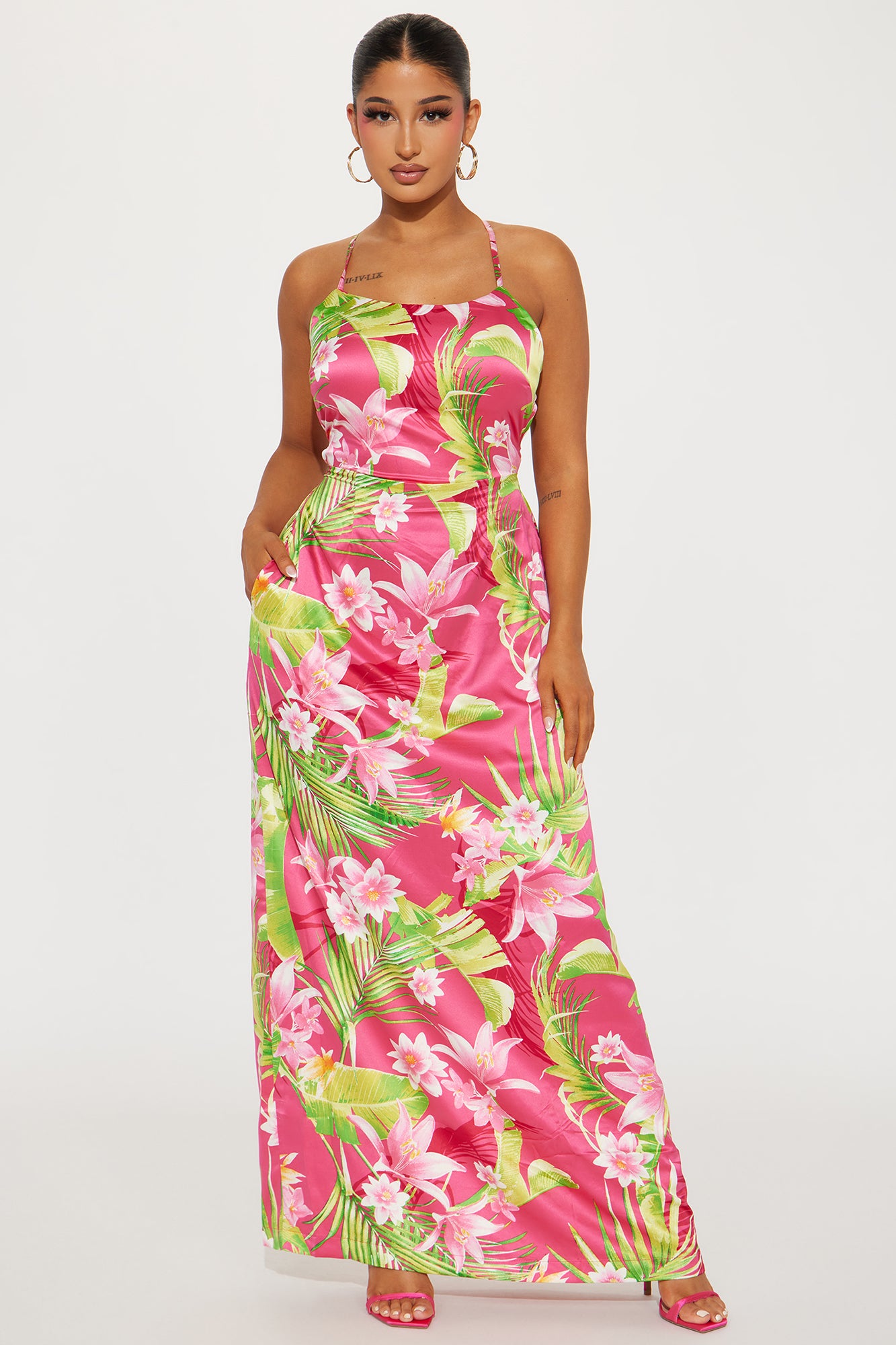 Image of Erin Satin Tropical Maxi Dress - Fuchsia