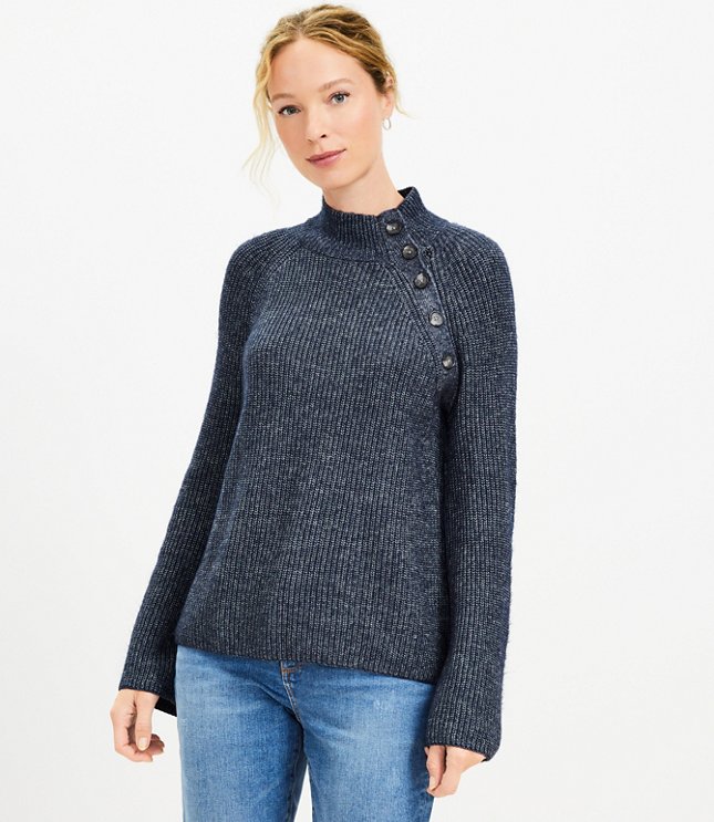 Petite Ribbed Button Neck Flare Sleeve Sweater