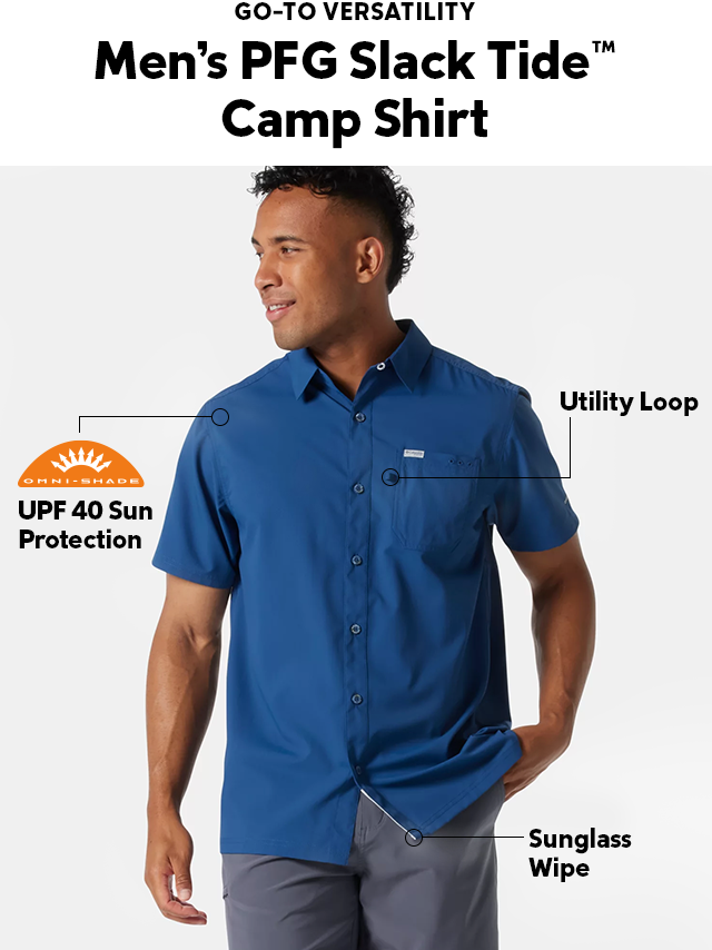 Go To Versatility. Callouts include utility loop, sunglass wipe, UPF 40 sun protection.