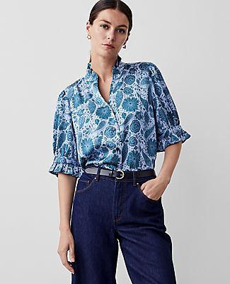 Floral Ruffle Button Top