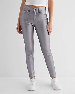 mid rise gray metallic coated skinny jeans