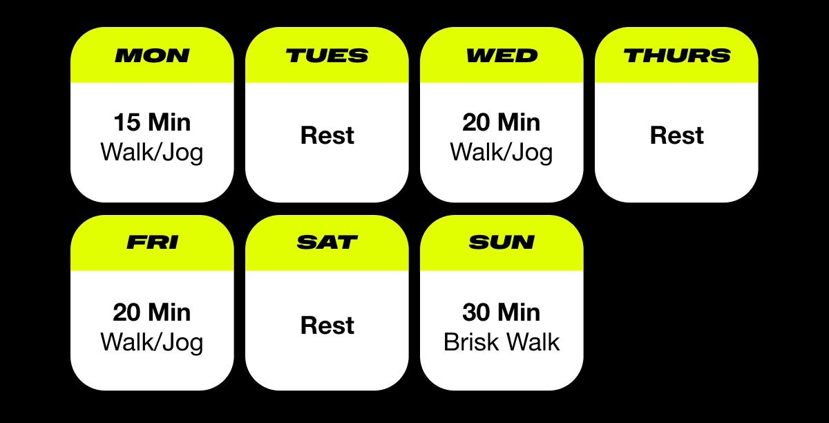 MON: 15 min walk/jog; TUES: Rest; WED: 20 min walk/jog; THURS: rest; FRI: 20 min walk/jog; SAT: Rest; SUN: 30 min brisk walk