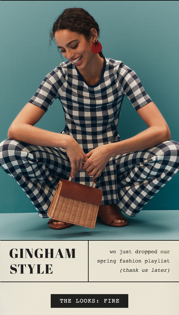 Woman wearing gingham outfit. Shop new clothes.