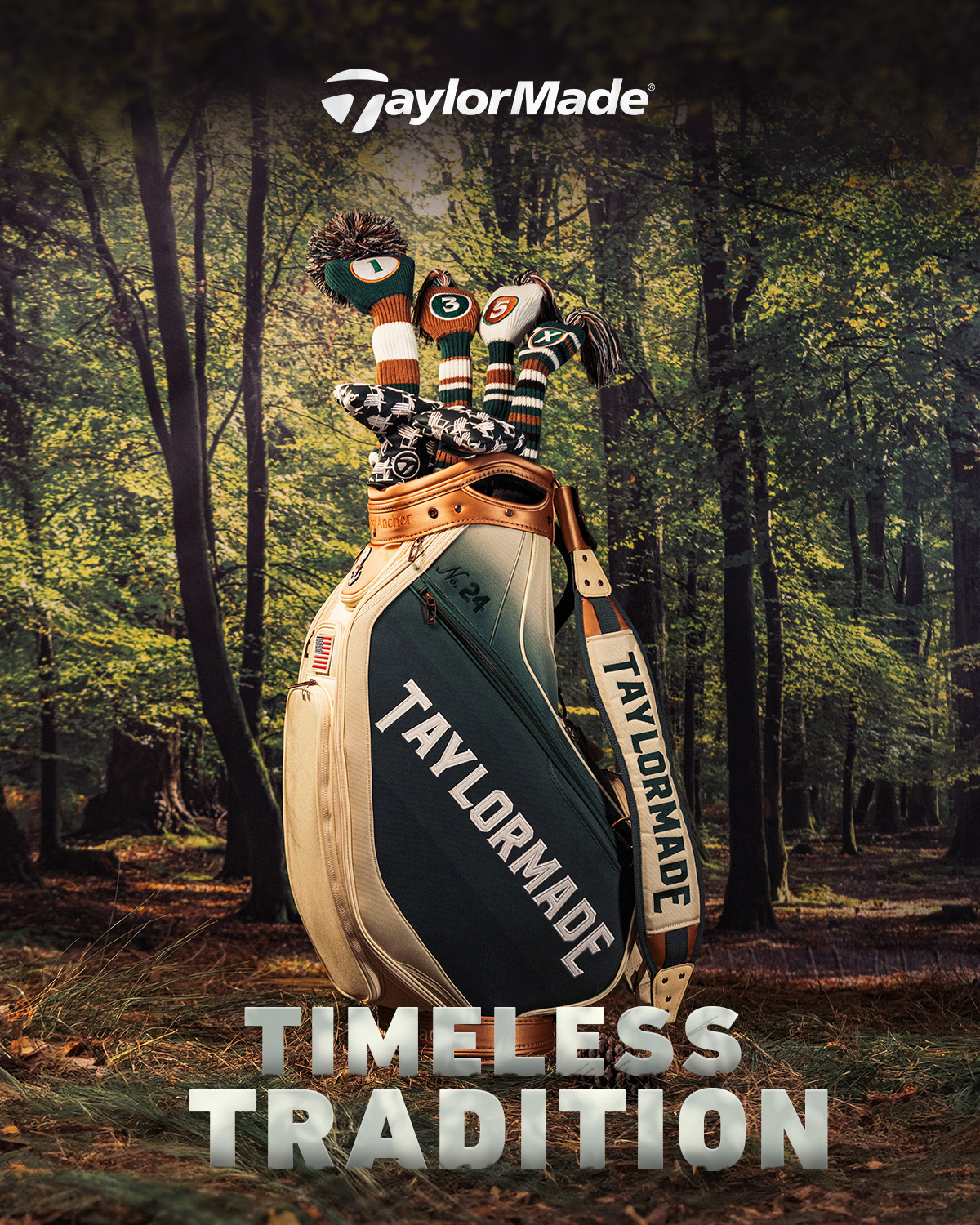 TaylorMade logo on top of a wooded forest backdrop and a photo of the 2024 Men's Summer Commemorative staff bag with all of the 2024 Men's Summer Commemorative headcovers inside with the text 'Timeless Tradition' below