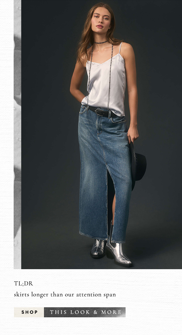 Woman wearing long denim skirt. Shop this look and more.