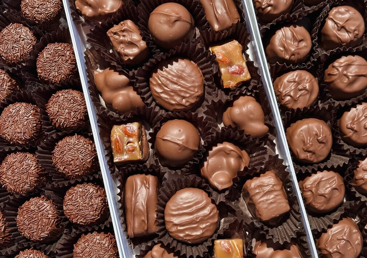 Overhead view of See’s boxed chocolates