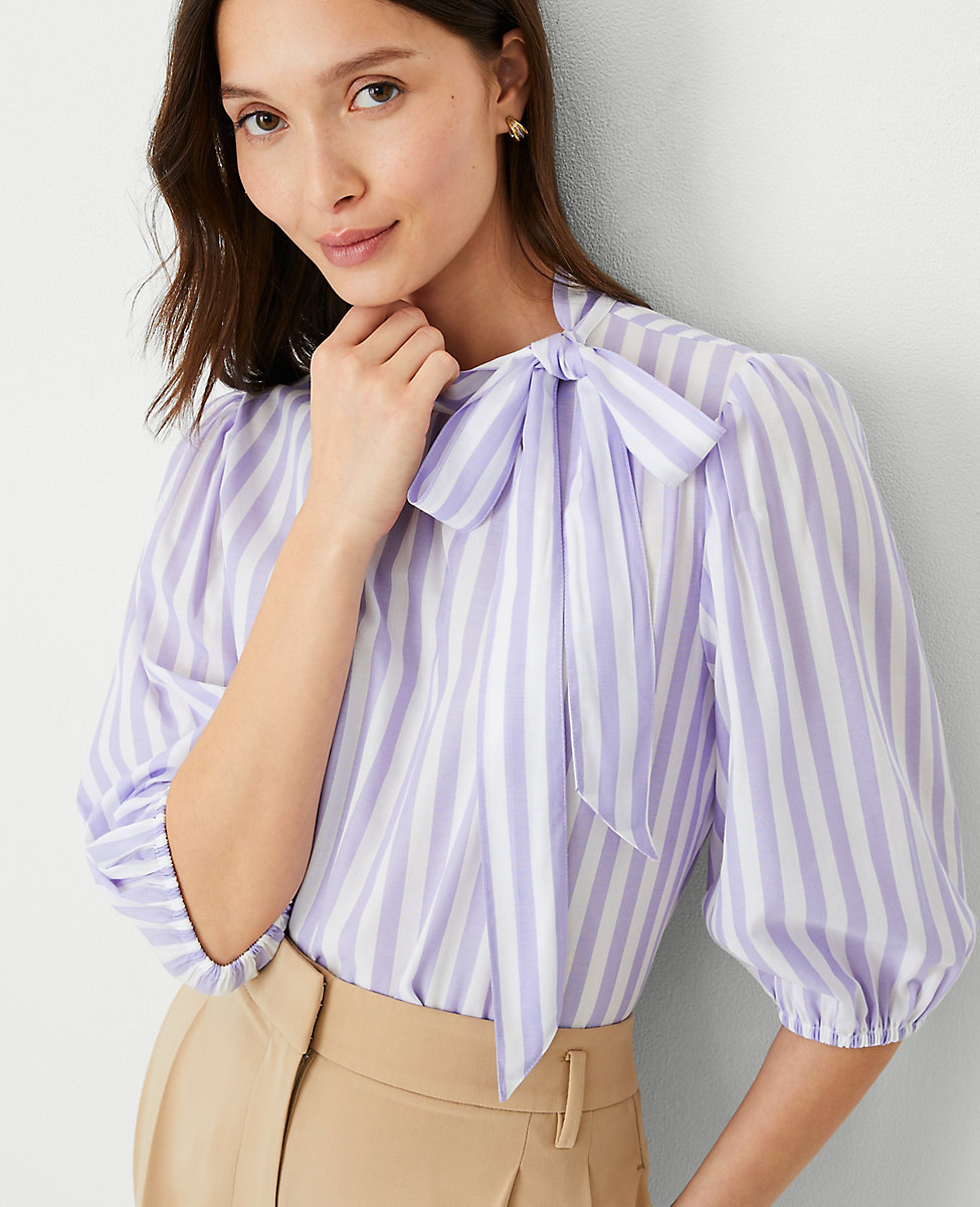 Striped Bow Puff Sleeve Blouse