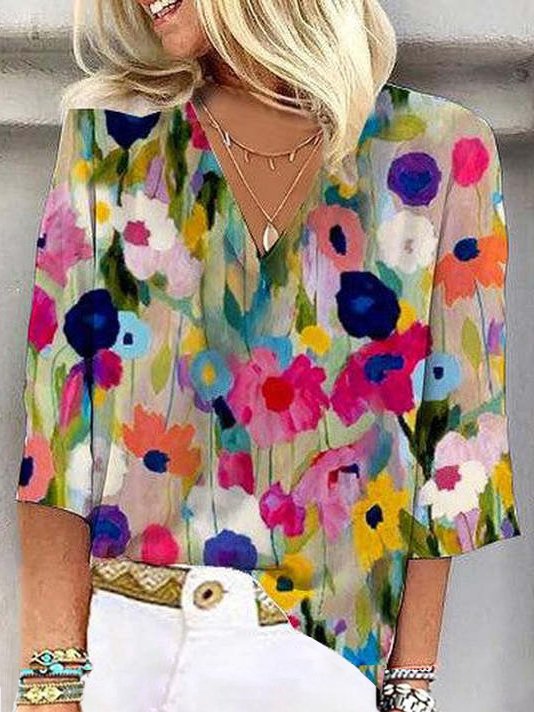 V Neck Three Quarter Sleeve Floral Regular Loose Shirt For Women