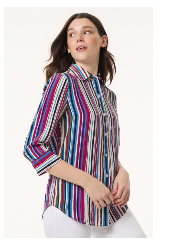 Striped Button Front Shirt, Crepe de Chine