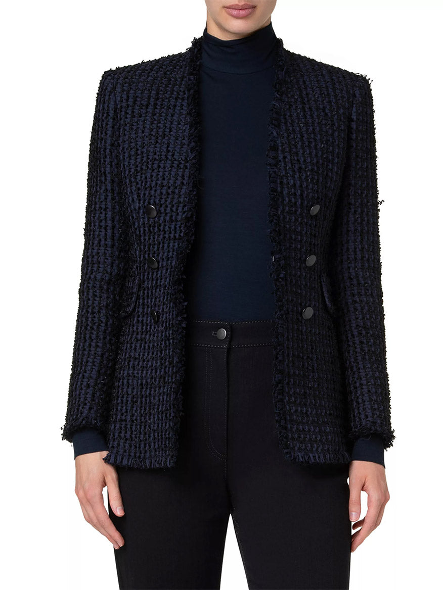 Image of Akris Punto Chunky Tweed Double-Breasted Jacket With Fringe in Navy