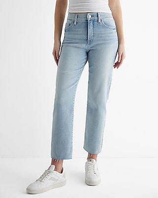 high waisted light wash raw hem straight ankle jeans