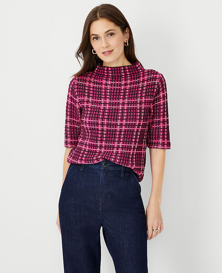 Shimmer Plaid Mock Neck Sweater