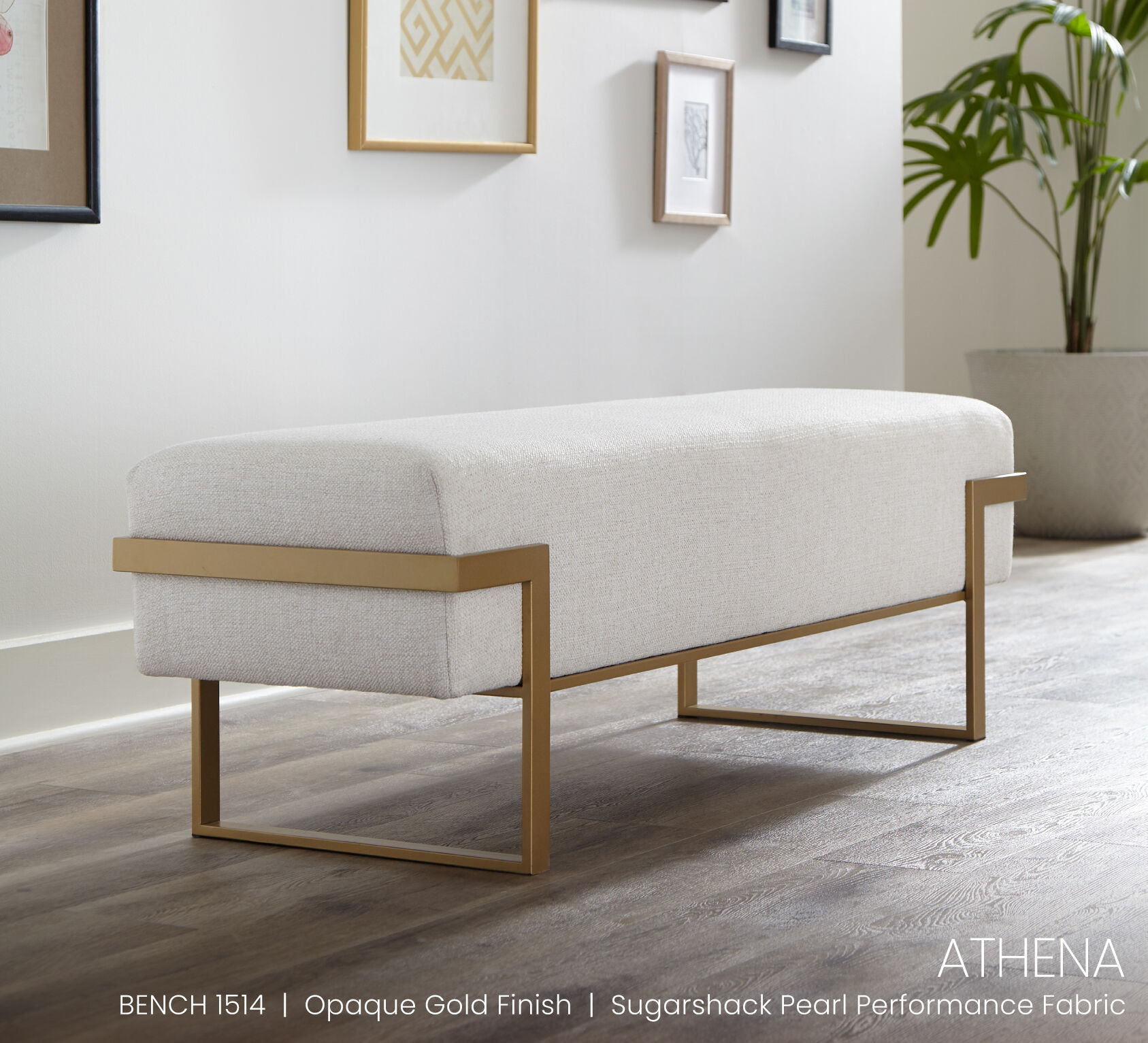 Wesley Allen Athen bench in Opaque Gold finish with Sugarshack Pearl Performance fabric