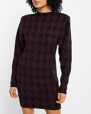 houndstooth mock neck padded shoulder sweater dress