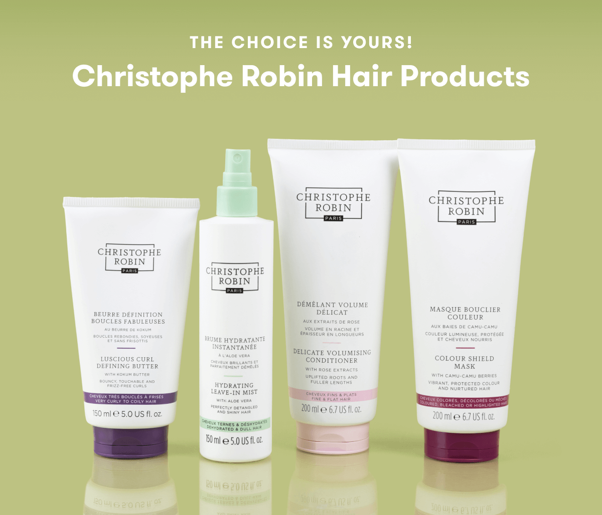 The choice is yours. Four full sized Christophe Robin Hair Products lined up next to each other.