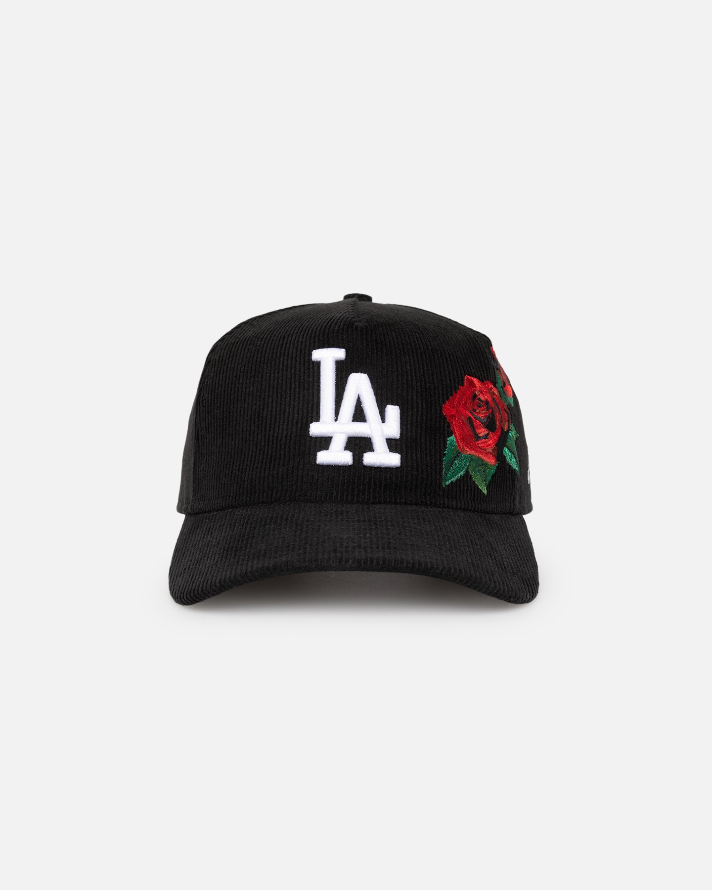 Image of New Era Los Angeles Dodgers 'Corduroy Roses' Golfer Pre-Curved Snapback Black Corduroy/White