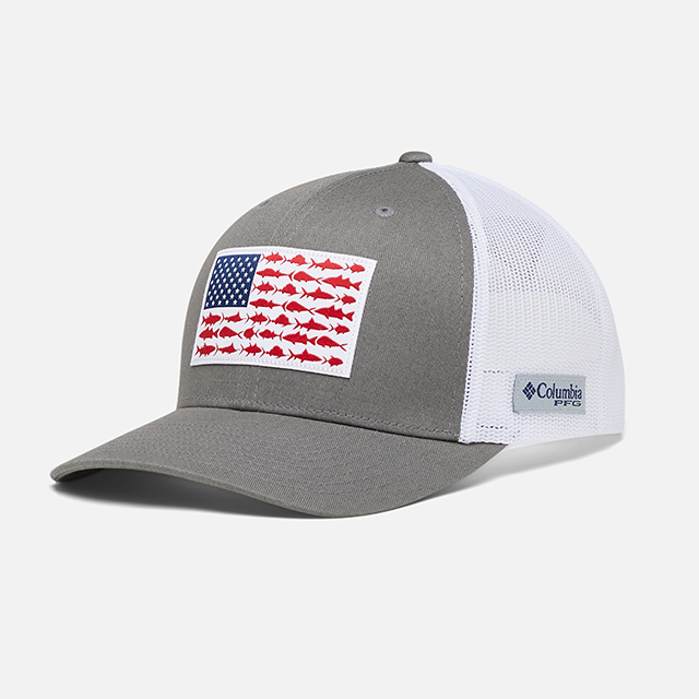 Close-up of a PFG Fish Flag hat. 